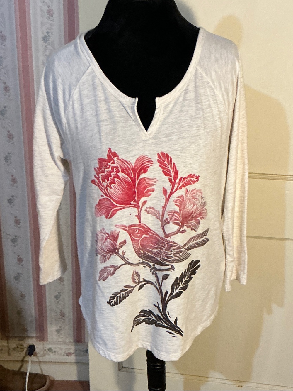 Lucky Brand Cream Long-Sleeve Top with Pink Floral & Bird Print
